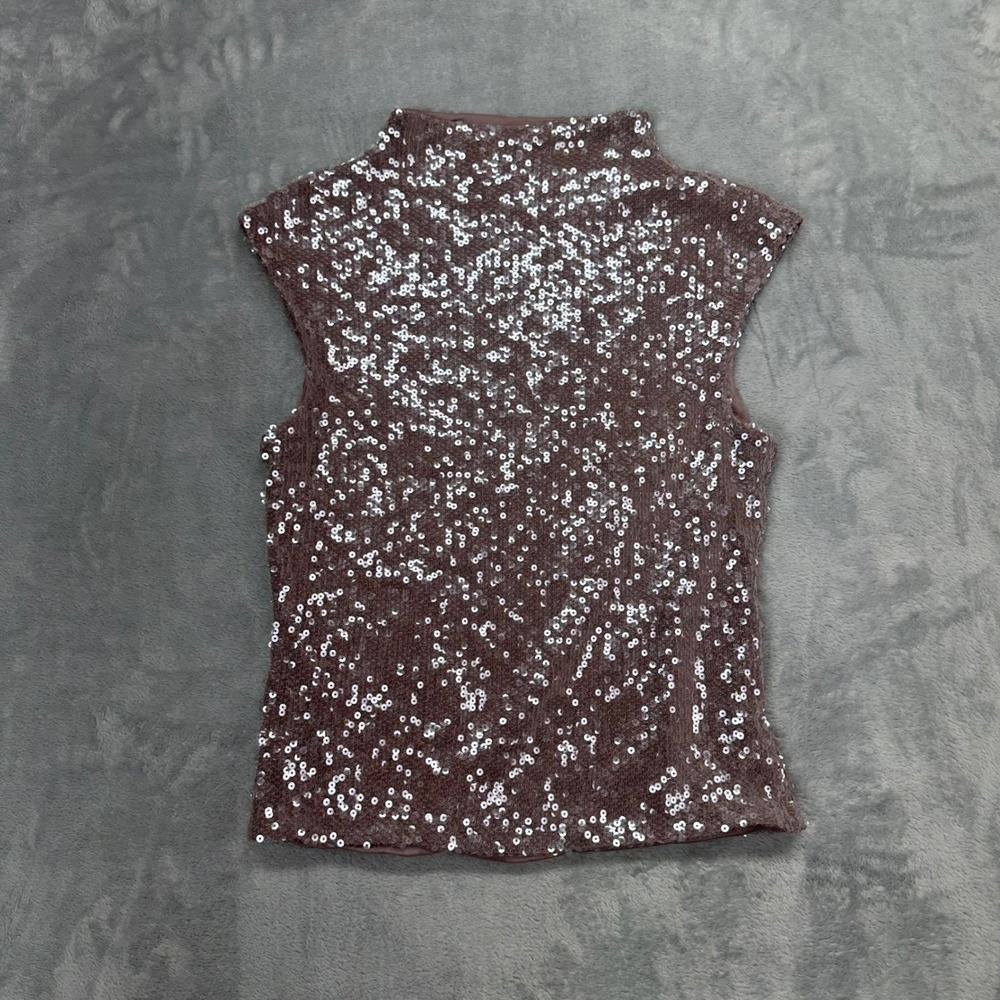 Elodie Womens Mauve Silver Sequin Mock Neck Sleeveless Cap Sleeve Top Small - Picture 5 of 7